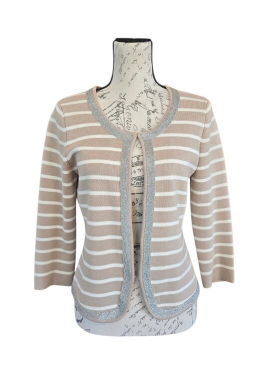 Banana Republic Sweaters - Banana Republic Striped Tan Cream 3/4 Sleeve Knit Cardigan M